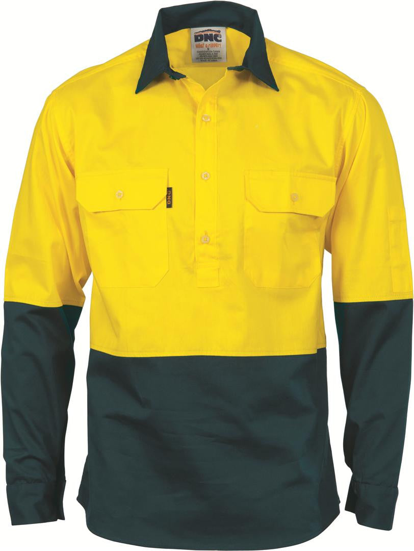 DNC HiVis Two Tone Close Front Cotton Drill Shirt - Long Sleeve, Gusset Sleeve (3834)