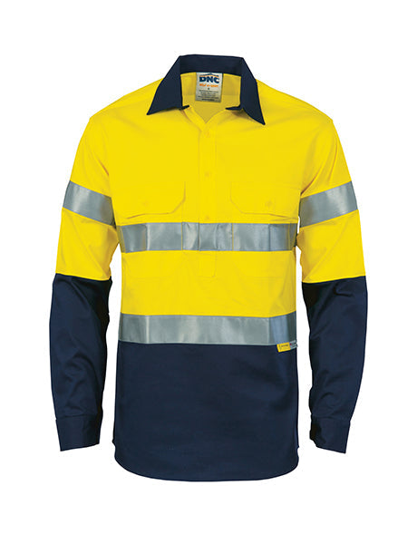 DNC HiVis Two Tone Close Front Cotton Shirt with 3M 8910 R/Tape, Long Sleeve (3849)