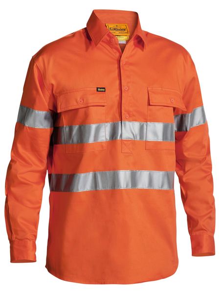 Bisley Hi Vis Closed Front Drill L/S Shirt 3M Reflective Tape-(BTC6482)